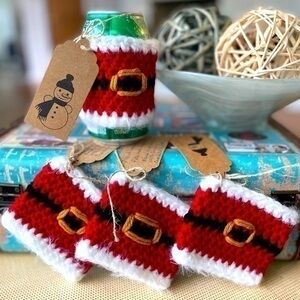 Handmade Fuzzy Santa Can Cup Cozy Huggies 4-pack Winter Gift Set Idea Host Party